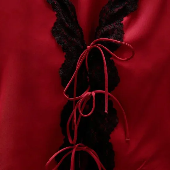 Zara burgundy & black lace-like accent blouse top - Picture 8 of 12